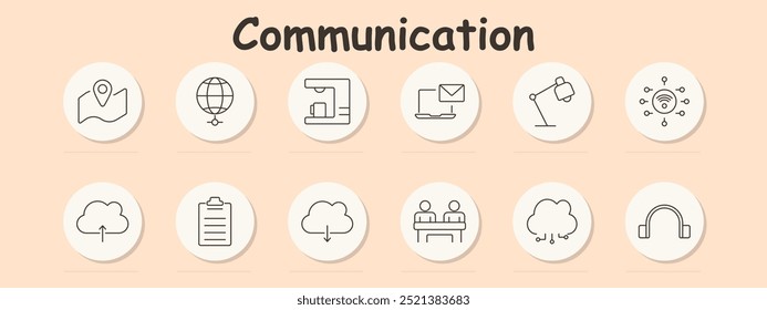 Communication set icon. Map, globe, desk lamp, cloud upload, cloud download, speech, list, email, laptop, network, connection, conference, broadcast, communication, headset, technology.