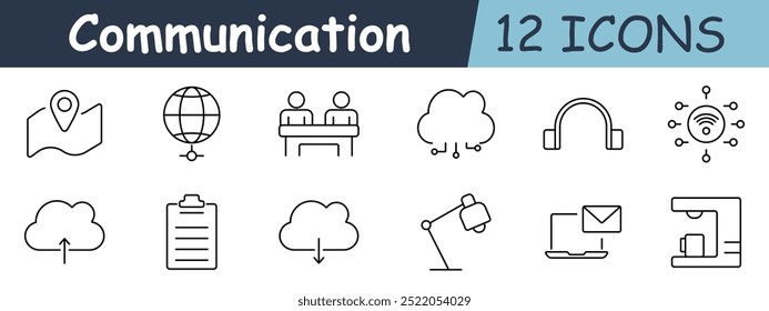 Communication set icon. Map, globe, people, cloud, upload, download, clipboard, lamp, laptop, envelope, network, wireless