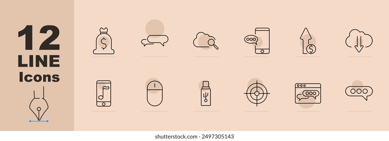Communication set icon. Money bag, chat bubble, search in cloud, smartphone, upward arrow with dollar, downward arrow, music app, computer mouse, USB drive, target, browser chat, chat bubbles