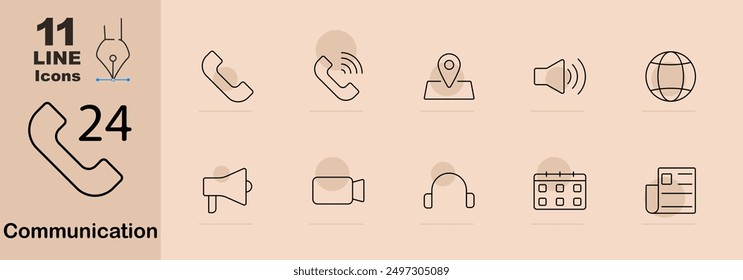 Icono de conjunto de comunicación. Video Teléfono, llamada, ubicación, altavoz, globo, megáfono, llamada, auriculares, calendario, periódico, comunicación, tecnología, audio, chat, global, navegación, difusión, digital
