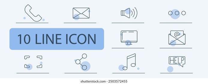 Communication set icon. Phone, email, chat, speaker, help, music, notification, sharing, contact, screen, interface, message, audio, multimedia, communication, technology.
