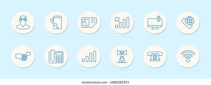 Communication set icon. Pin, envelope, house, monitor, record, chat bubble, eye, leaf, flash drive, radar, map, globe. Digital communication, messaging, navigation, security concept. Vector line icons