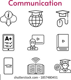 communication set. included student-smartphone, ereader, teacher, ebook, school, elearning, information icons. linear styles.