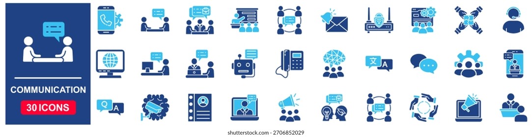 Communication set of web icons in Blue style Flat. vector illustration concept relate to contact, support, person, thin, team, call, message, human, teamwork