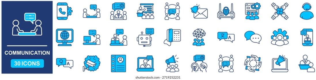 Kommunikationssatz von Web-Icons in Blue style Flat. Vektorgrafik-Konzept beziehen sich auf Kontakt, Unterstützung, Person, dünn, Team, Anruf, Nachricht, Mensch, Teamarbeit