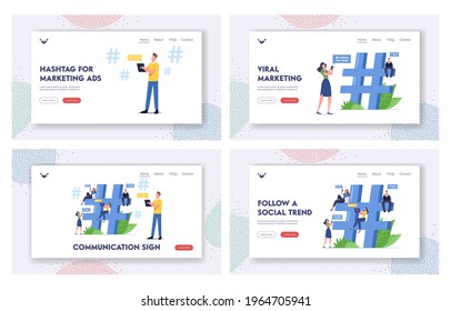 Communication Sign Landing Page Template Set. Tiny Characters with Digital Devices Texting, Send Messages Online in Social Networks Sitting on Huge Hashtag Symbol. Cartoon People Vector Illustration