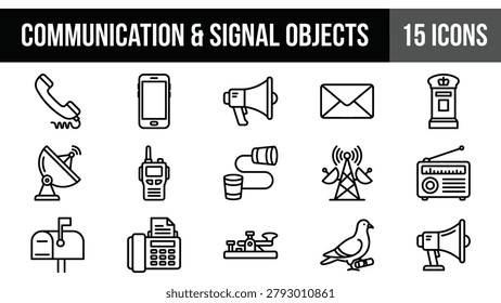 Communication and Signal Objects Icon Set: Telephone, Smartphone, Radio, Mailbox, Satellite Dish