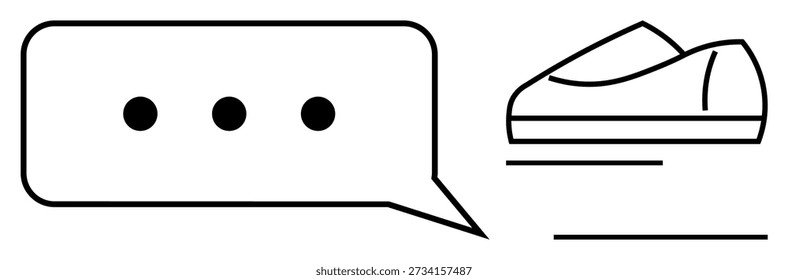 Comunicación, sencillez, iconos, diseño, mensajería, retail branding. Una burbuja de diálogo con tres puntos junto a un contorno de zapato. Conceptos de comunicación y simplicidad visualmente