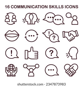 Communication skill icons set. Conversation and discussion soft skill development. Effective collaboration, positive interaction with people. People community building. Flat vector illustration