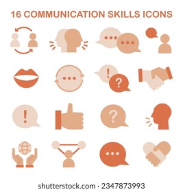 Communication skill icons set. Conversation and discussion soft skill development. Effective collaboration, positive interaction with people. People community building. Flat vector illustration