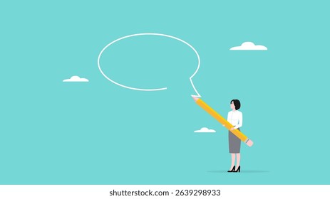 communication skill for success, effective communication or presentation skill, sending message or start a conversation, professional business woman drawing speech bubble using pencil