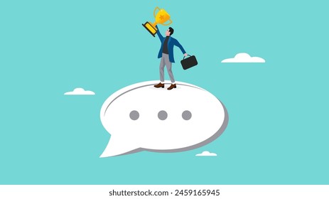 communication skill for success, expertise in sending message or promotions according to the target audience, successful businessman holding success trophy on speech bubble concept vector illustration