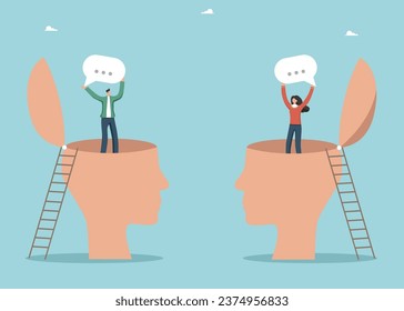 Communication skills and business communication to achieve high results and goals, work correspondence, public relations, information transfer, media, people standing in big heads with speech bubbles.