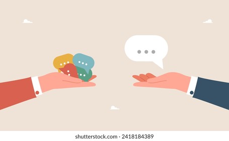 Communication skills and business communication to achieve results, communication or discussion concept, work correspondence, public relations, information transfer, two hands holding speech bubbles.