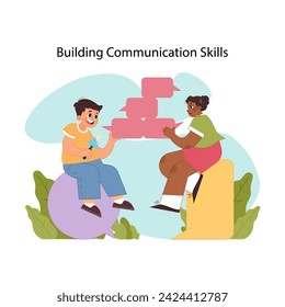 Communication skills concept. Kids engaging in active dialogue with speech bubbles. Building confidence in speech abilities and relationships. Learning to express and listen. Flat vector illustration