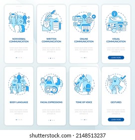 Communication skills development blue onboarding mobile app screen set. Walkthrough 4 steps graphic instructions pages with linear concepts. UI, UX, GUI template. Myriad Pro-Bold, Regular fonts used