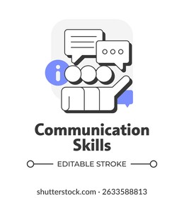 Icône de concept de plan plat de compétences en communication. Réunion efficace. Informations de Produit. Présentation des ventes. Service client. Illustration ligne moderne avec des glyphes violets. Visuel conceptuel. Facile à modifier