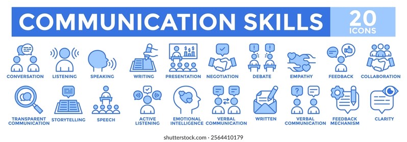 Communication skills icon collection set. Containing conversation, negotiation, speech, presentation, debate and feedback icon.Simple blue vector illustration.	