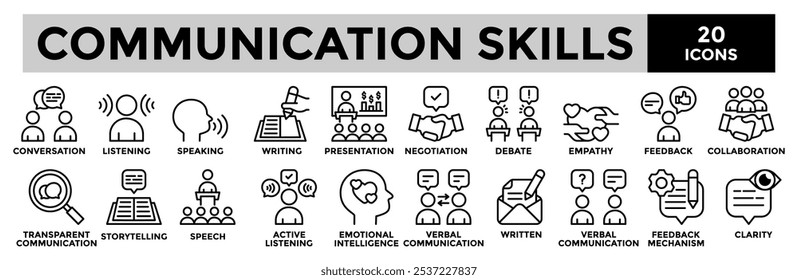 Communication skills icon collection set.Containing conversation,negotiation,speech,presentation,debate icon.Simple line vector illustration.
