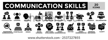  Communication skills icon collection set.Containing conversation,negotiation,speech,presentation,debate icon.Simple black fill vector illustration.