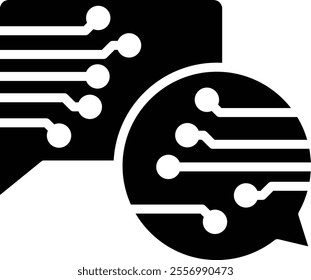 Communication Skills icon. Speech bubbles with digital patterns symbolizing effective communication in digital systems. Ideal for collaboration tools and AI. Black flat syle.