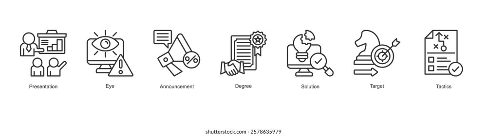 Communication Skills Icon Tactics, Presentation, Eye, Announcement, Degree, Solution, Target