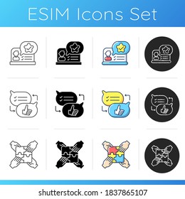 Communication skills icons set. Linear, black and RGB color styles. Different professional talents and personal traits. Team building exercise, criticism and feedback. Isolated vector illustrations
