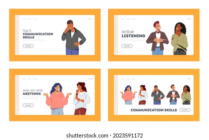 Communication Skills Landing Page Template Set. People Communicating, Young Men and Women Speaking, Chatting to Each Other, Communicate, Discussing and Make Decisions. Cartoon Vector Illustration