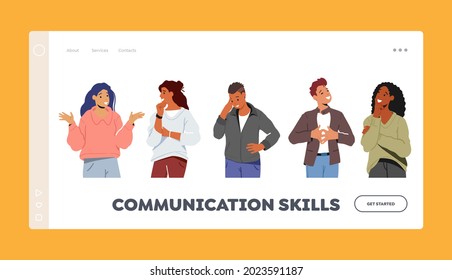 Communication Skills Landing Page Template. People Communicating, Young Men and Women Speaking, Chatting to Each Other, Communicate, Discussing and Make Decisions. Cartoon Vector Illustration