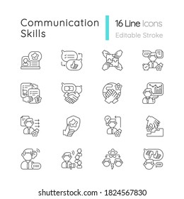 Communication skills linear icons set. Different personal traits. Self development, teamwork skills customizable thin line contour symbols. Isolated vector outline illustrations. Editable stroke