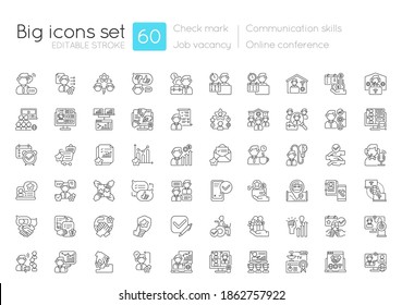 Communication skills linear icons set. Online conference. Teamwork management. Job vacancy. Customizable thin line contour symbols. Isolated vector outline illustrations. Editable stroke