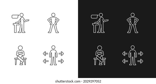 Communication skills linear icons set for dark and light mode. Confident speaking. Confidence body language. Customizable thin line symbols. Isolated vector outline illustrations. Editable stroke