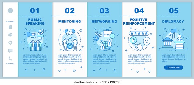 Communication skills onboarding mobile web pages vector template. Public speaking, mentoring, diplomacy. Responsive smartphone website interface idea. Webpage walkthrough step screens. Color concept