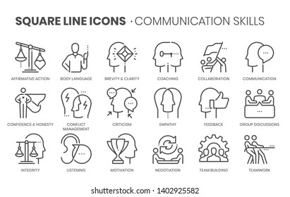 Communication skills related, pixel perfect, editable stroke, up scalable square line vector icon set. 