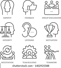 Communication skills related, square line vector icon set for applications and website development. The icon set is pixelperfect with 64x64 grid. Crafted with precision and eye for quality.
