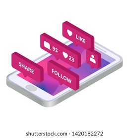 Communication, social media app vector concept 3d. Smartphone application social media notification illustration