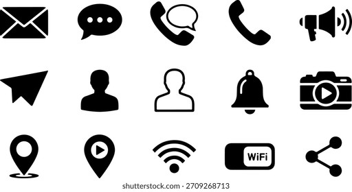 Communication, social media, and interface icon set message, chat, phone call, user profile, notification, camera, location pin, and WiFi
