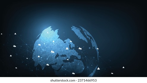 Concepto de red de comunicación y medios sociales. Redes sociales y holograma de trabajo remoto sobre fondo azul oscuro. Concepto de tecnología digital de alta tecnología.