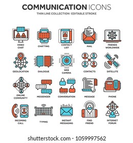 Communication. Social media. Online chatting. Phone call, app messenger. Mobile,smartphone. Computing.Email. Thin line blue web icon set. Outline icons collection. Vector illustration.