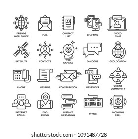 Communication. Social media. Online chatting. Phone call, app messenger. Mobile,smartphone. Computing.Email. Thin line black web icon set. Outline icons collection. Vector illustration.