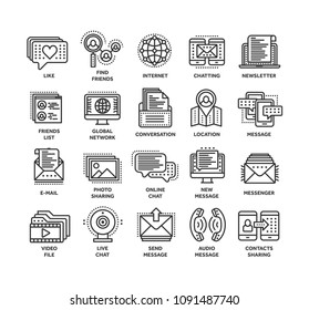 Communication. Social media. Online chatting. Phone call, app messenger. Mobile,smartphone. Computing.Email. Thin line black web icon set. Outline icons collection. Vector illustration.