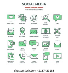 Communication, social media and online chatting. SMS, phone call, messaging in smartphone messenger application. Computing, email web services support. Thin line icons set. Vector illustration
