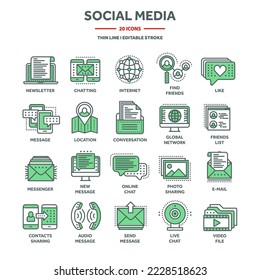 Communication, social media and online chatting. SMS, phone call, messaging in smartphone messenger application. Computing, email web services support. Thin line icons set. Vector illustration