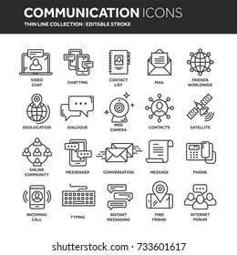 Communication. Social media. Online chatting. Phone call, app messenger. Mobile,smartphone. Computing.Email. Thin line web icon set. Outline icons collection. Vector illustration.