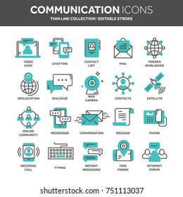 Communication. Social media. Online chatting. Phone call, app messenger. Mobile,smartphone. Computing.Email. Thin line blue web icon set. Outline icons collection. Vector illustration.