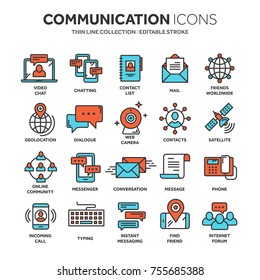 Communication. Social media. Online chatting. Phone call, app messenger. Mobile,smartphone. Computing.Email. Thin line blue web icon set. Outline icons collection. Vector illustration.