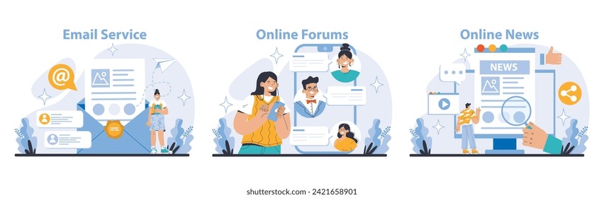 Communication and Social Media set. Email, forum discussions, and news updates. Secure data exchange, vibrant community interaction, and informed society. Flat vector illustration.