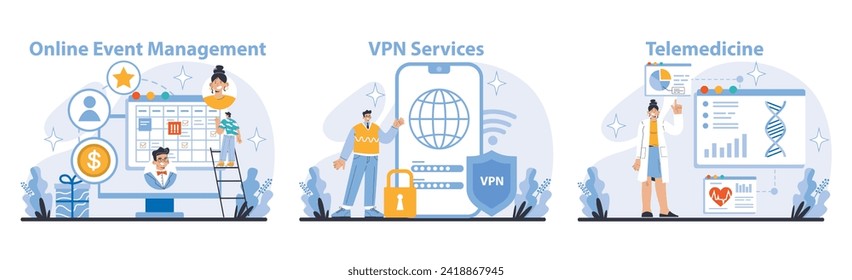 Communication and Social Media set. Online event planning, secure VPN use, and telemedicine consultations. Organizing, protecting, and health monitoring digitally. Flat vector illustration.