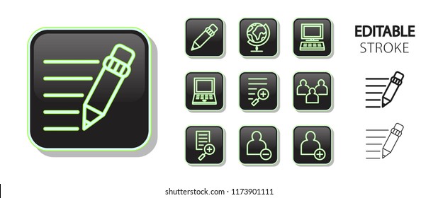 Communication, social network, business, education, computer technology buttons. Neon icon set. Glossy web application icons. Editable stroke. Vector illustration. 