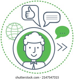 Comunicación en red social o mensajero. Cuenta virtual, iconos de perfil de usuario. Aplicación para chatear y enviar por correo un elemento de diseño. Cuenta de medios sociales, ilustración de vector de usuario de conexión global
